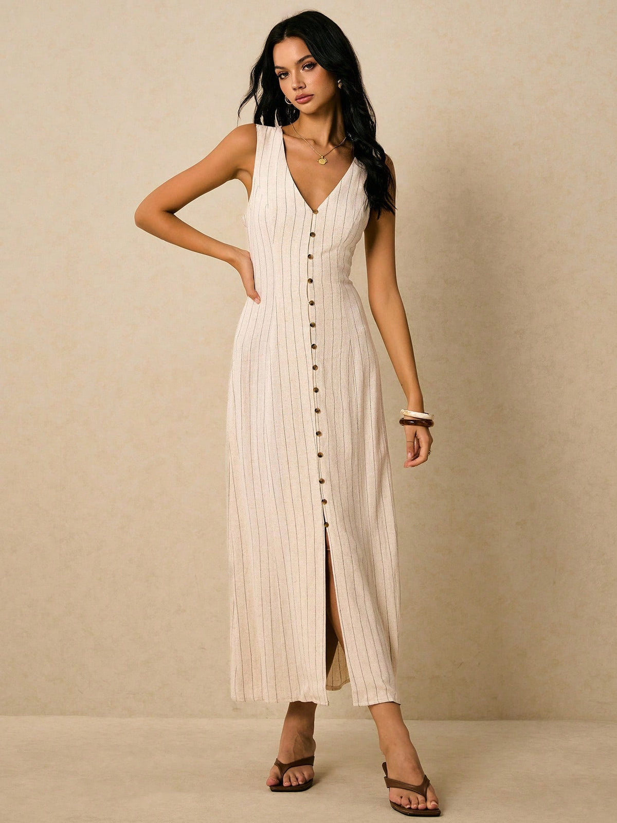 Poéselle Women's Linen Striped Dress,Black And White Checkered,Summer,Casual,Holiday,Vacation,Tie Back Waist Button Placket Sleeveless Boho Old Money Vintage