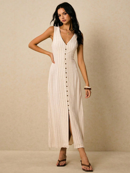 Poéselle Women's Linen Striped Dress,Black And White Checkered,Summer,Casual,Holiday,Vacation,Tie Back Waist Button Placket Sleeveless Boho Old Money Vintage