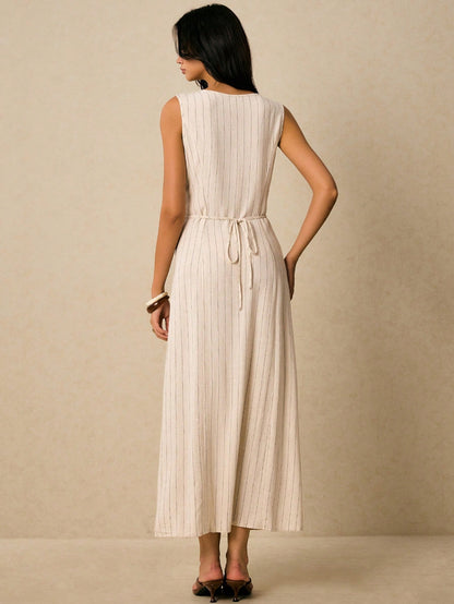 Poéselle Women's Linen Striped Dress,Black And White Checkered,Summer,Casual,Holiday,Vacation,Tie Back Waist Button Placket Sleeveless Boho Old Money Vintage