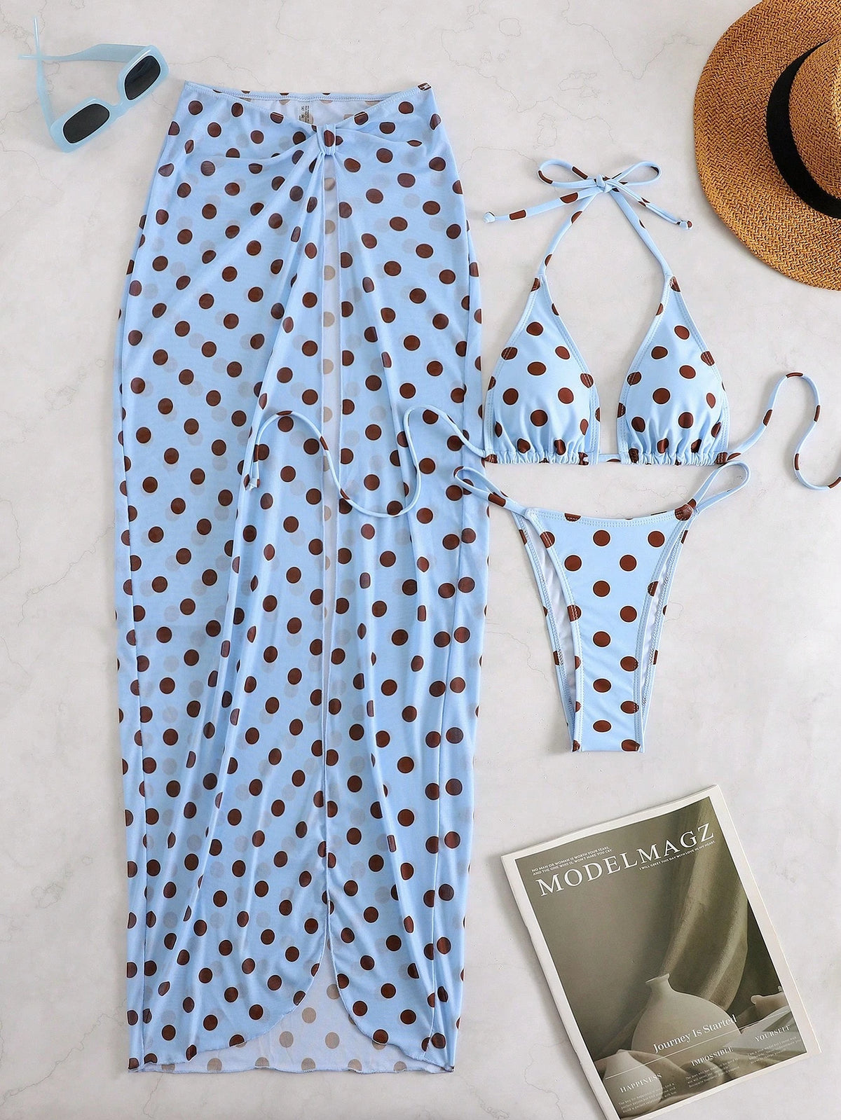 Polka Dot 2 Pieces Bikini Swimwear With Tie-Back High Slit Skirt Vacation Beach Summer