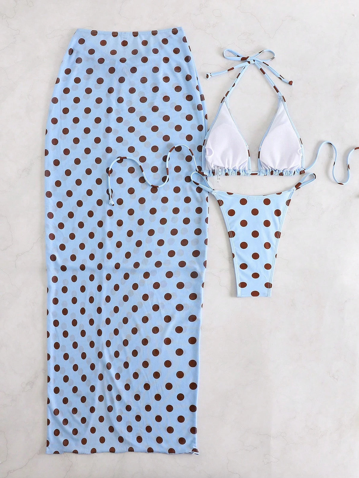 Polka Dot 2 Pieces Bikini Swimwear With Tie-Back High Slit Skirt Vacation Beach Summer