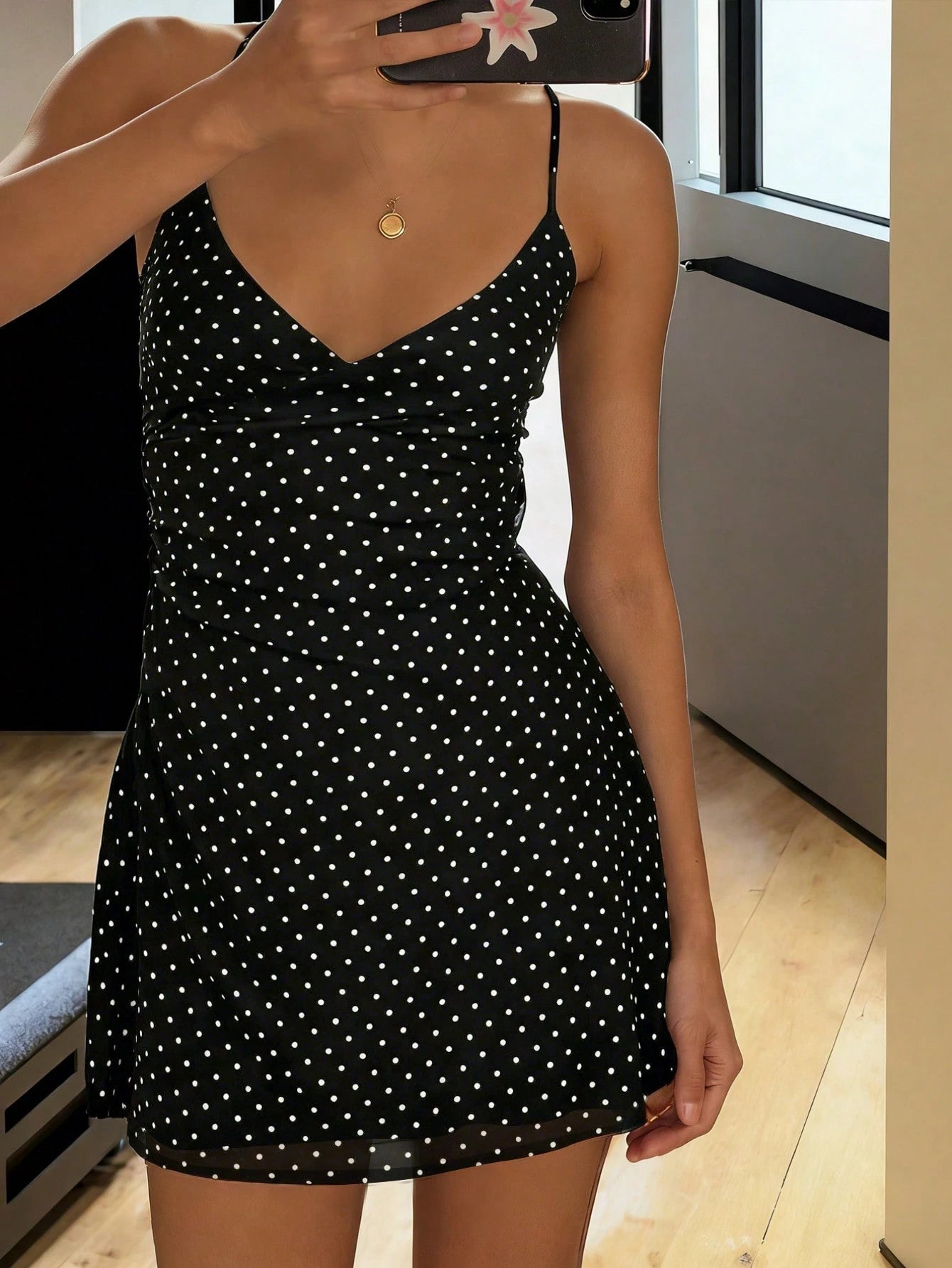 Polka Dot Mesh Lined Slip Mini Dress, V Neck Spaghetti Strap Ruched Tie Back For Beach Party Bodycon Black,Back To School Super Short Dress Elegant