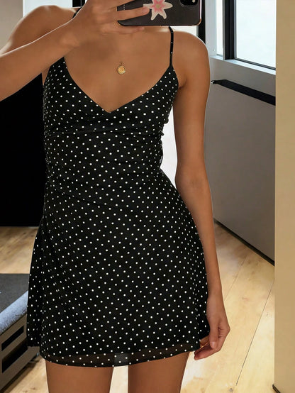 Polka Dot Mesh Lined Slip Mini Dress, V Neck Spaghetti Strap Ruched Tie Back For Beach Party Bodycon Black,Back To School Super Short Dress Elegant