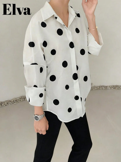 Polka Dot Retro Luxurious Style Long Sleeve Loose Fit Shirt, Suitable For Women's Office Wear, Work Tops, Autumn Womenswear, Back To School Season, Back To School Party, Boyfriend Style Teacher's, Bus