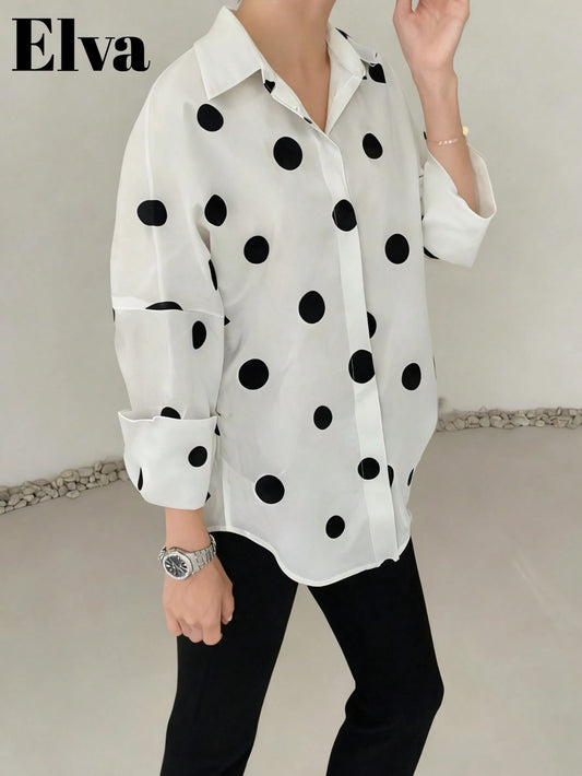 Polka Dot Retro Luxurious Style Long Sleeve Loose Fit Shirt, Suitable For Women's Office Wear, Work Tops, Autumn Womenswear, Back To School Season, Back To School Party, Boyfriend Style Teacher's, Bus