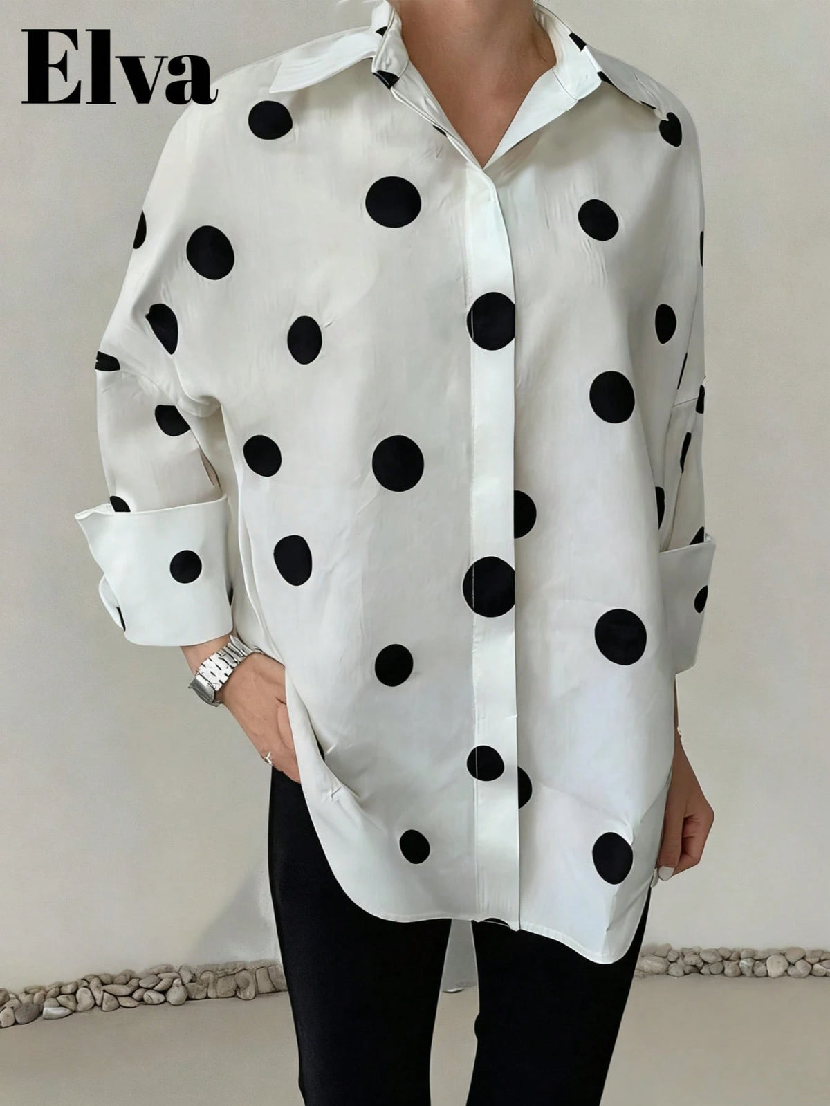 Polka Dot Retro Luxurious Style Long Sleeve Loose Fit Shirt, Suitable For Women's Office Wear, Work Tops, Autumn Womenswear, Back To School Season, Back To School Party, Boyfriend Style Teacher's, Bus