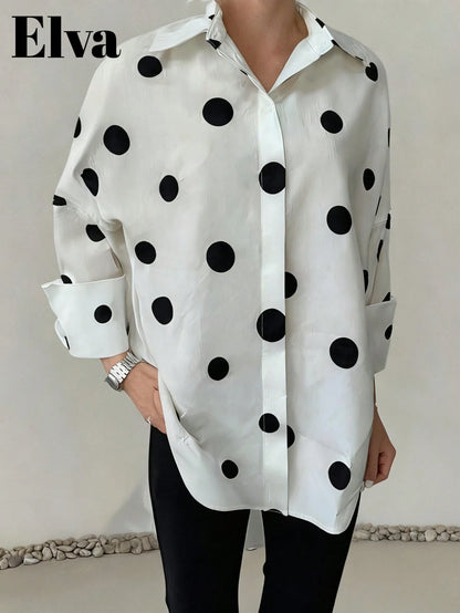 Polka Dot Retro Luxurious Style Long Sleeve Loose Fit Shirt, Suitable For Women's Office Wear, Work Tops, Autumn Womenswear, Back To School Season, Back To School Party, Boyfriend Style Teacher's, Bus