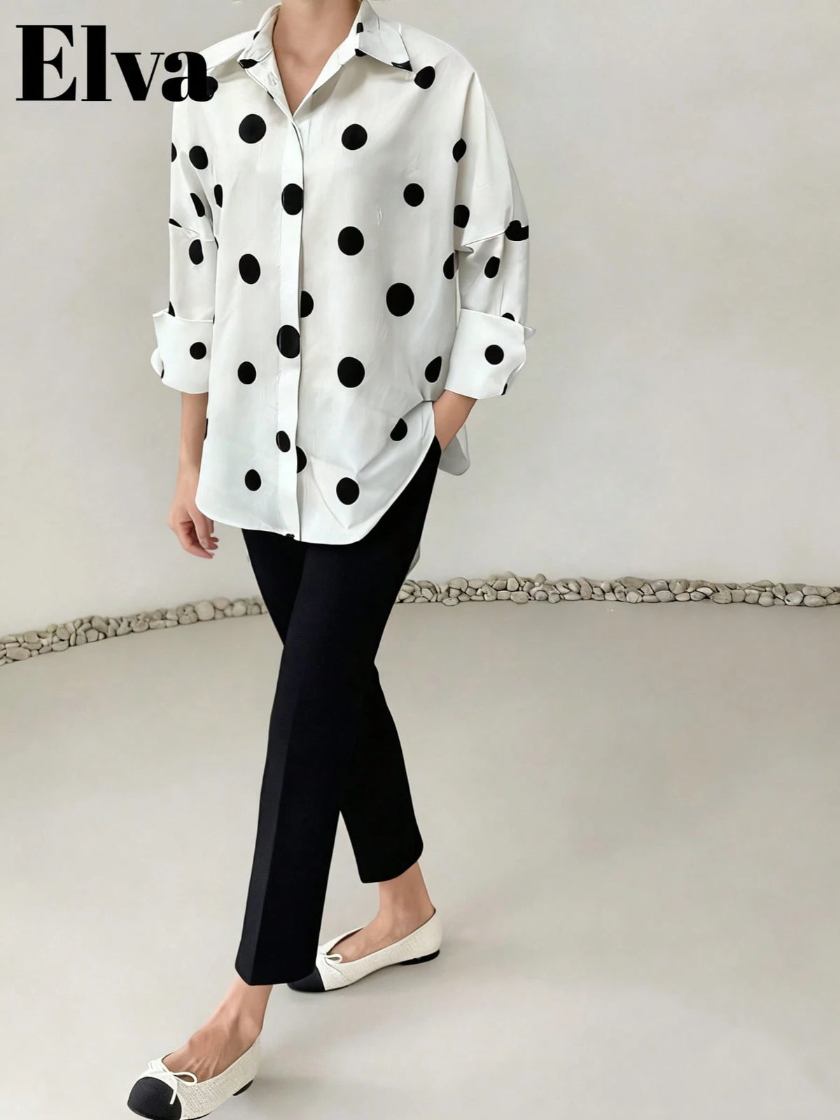 Polka Dot Retro Luxurious Style Long Sleeve Loose Fit Shirt, Suitable For Women's Office Wear, Work Tops, Autumn Womenswear, Back To School Season, Back To School Party, Boyfriend Style Teacher's, Bus