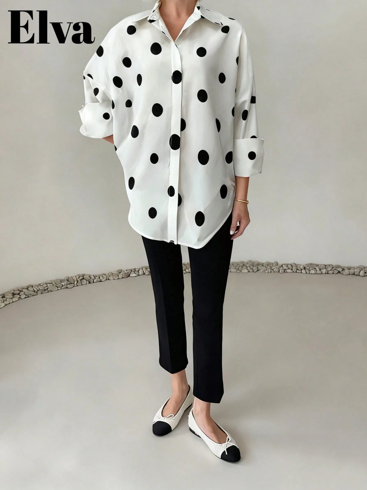 Polka Dot Retro Luxurious Style Long Sleeve Loose Fit Shirt, Suitable For Women's Office Wear, Work Tops, Autumn Womenswear, Back To School Season, Back To School Party, Boyfriend Style Teacher's, Bus