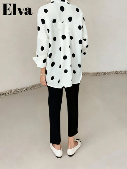 Polka Dot Retro Luxurious Style Long Sleeve Loose Fit Shirt, Suitable For Women's Office Wear, Work Tops, Autumn Womenswear, Back To School Season, Back To School Party, Boyfriend Style Teacher's, Bus