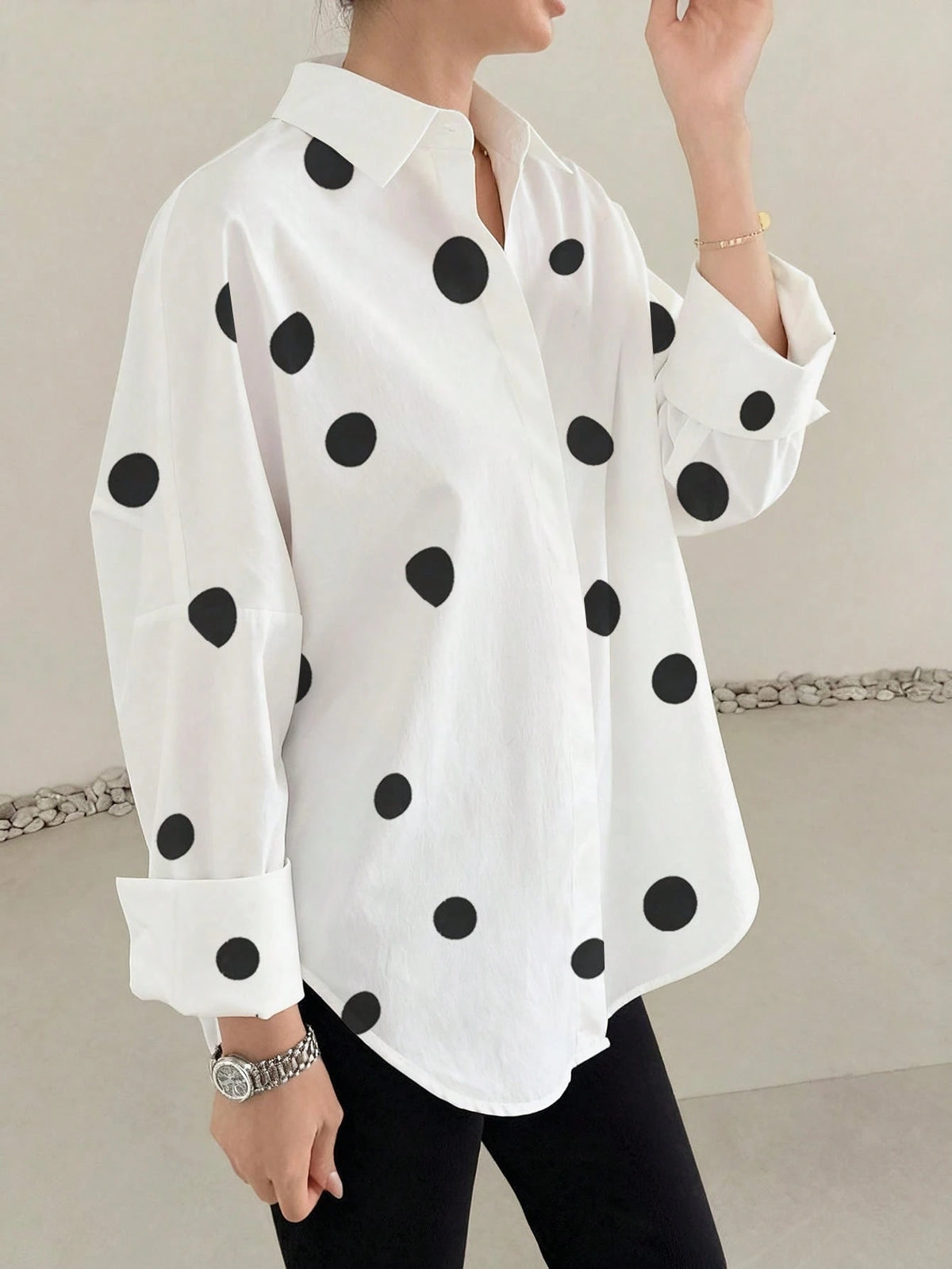 Polka Dot Retro Luxurious Style Long Sleeve Loose Fit Shirt, Suitable For Women's Office Wear, Work Tops, Autumn Womenswear, Back To School Season, Back To School Party, Boyfriend Style Teacher's, Bus