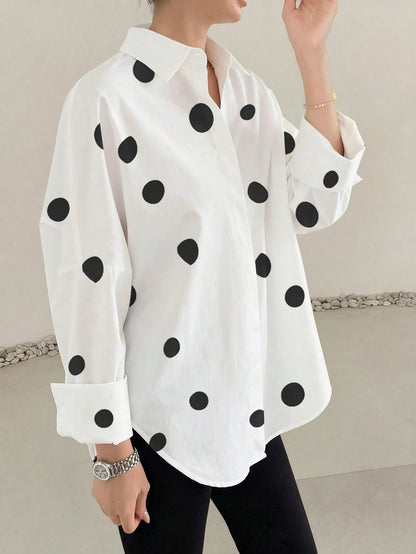 Polka Dot Retro Luxurious Style Long Sleeve Loose Fit Shirt, Suitable For Women's Office Wear, Work Tops, Autumn Womenswear, Back To School Season, Back To School Party, Boyfriend Style Teacher's, Bus
