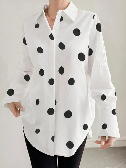 Polka Dot Retro Luxurious Style Long Sleeve Loose Fit Shirt, Suitable For Women's Office Wear, Work Tops, Autumn Womenswear, Back To School Season, Back To School Party, Boyfriend Style Teacher's, Bus