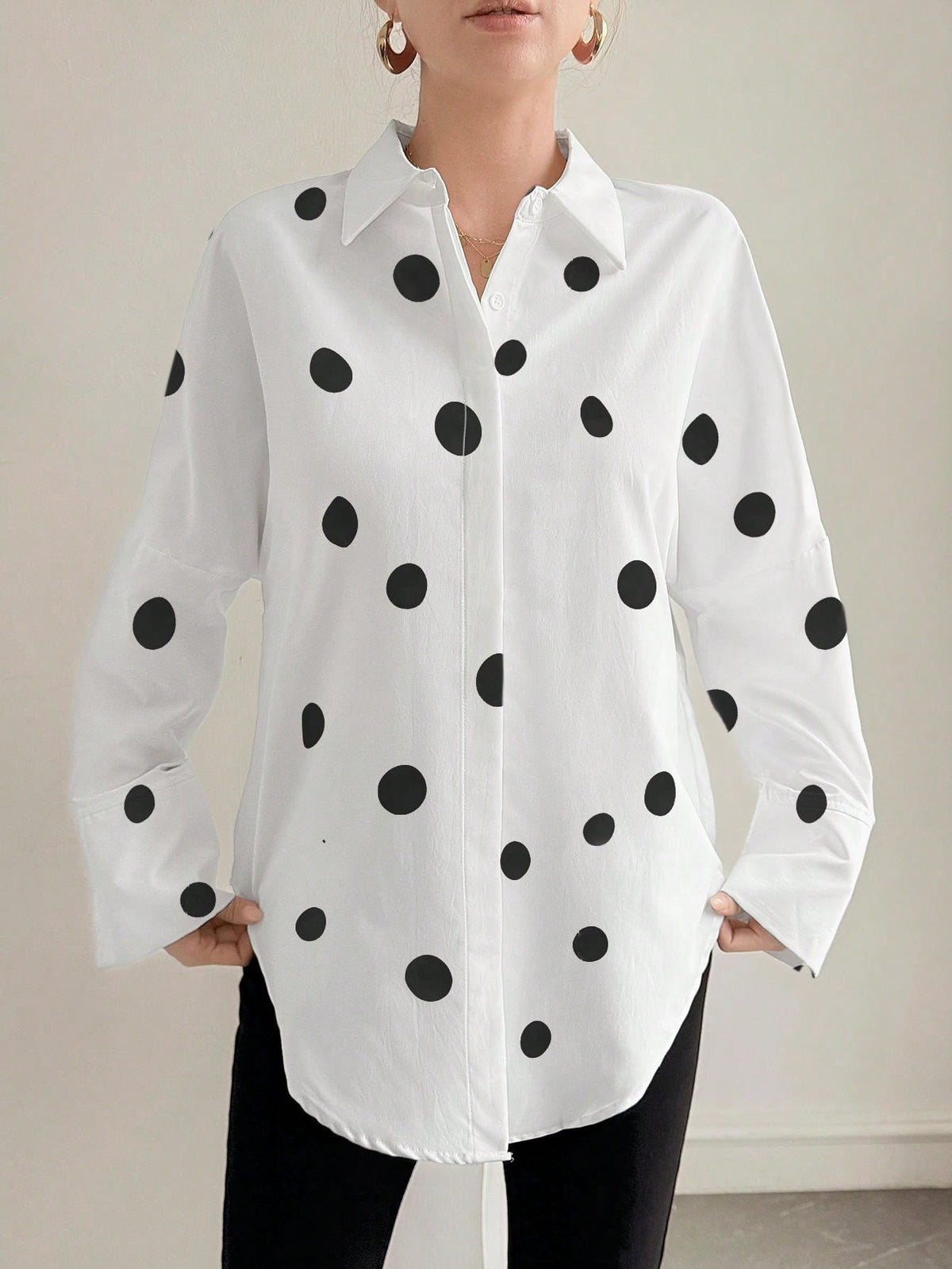 Polka Dot Retro Luxurious Style Long Sleeve Loose Fit Shirt, Suitable For Women's Office Wear, Work Tops, Autumn Womenswear, Back To School Season, Back To School Party, Boyfriend Style Teacher's, Bus
