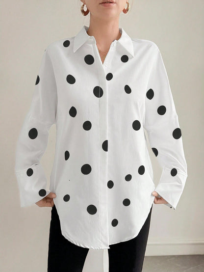 Polka Dot Retro Luxurious Style Long Sleeve Loose Fit Shirt, Suitable For Women's Office Wear, Work Tops, Autumn Womenswear, Back To School Season, Back To School Party, Boyfriend Style Teacher's, Bus