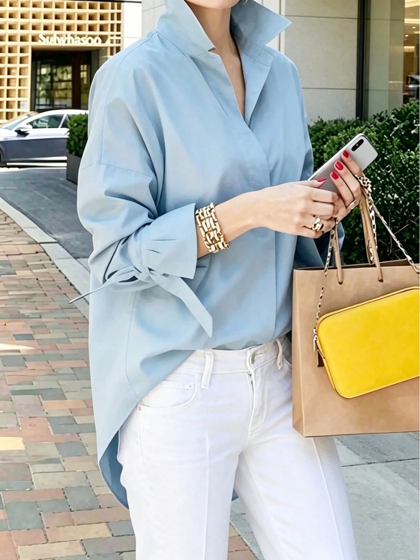 Polo Collar Plain Color Casual Commute Shirt, Simple Elegant Style, Versatile, Clean And Slimming Fit, Suitable For Spring/Summer/Autumn White