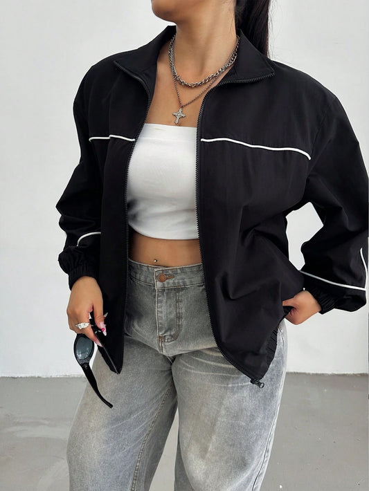POPSWAY Casual Color Block Loose Academia Style Street Thin Long Sleeve Jacket Winter Fall Autumn