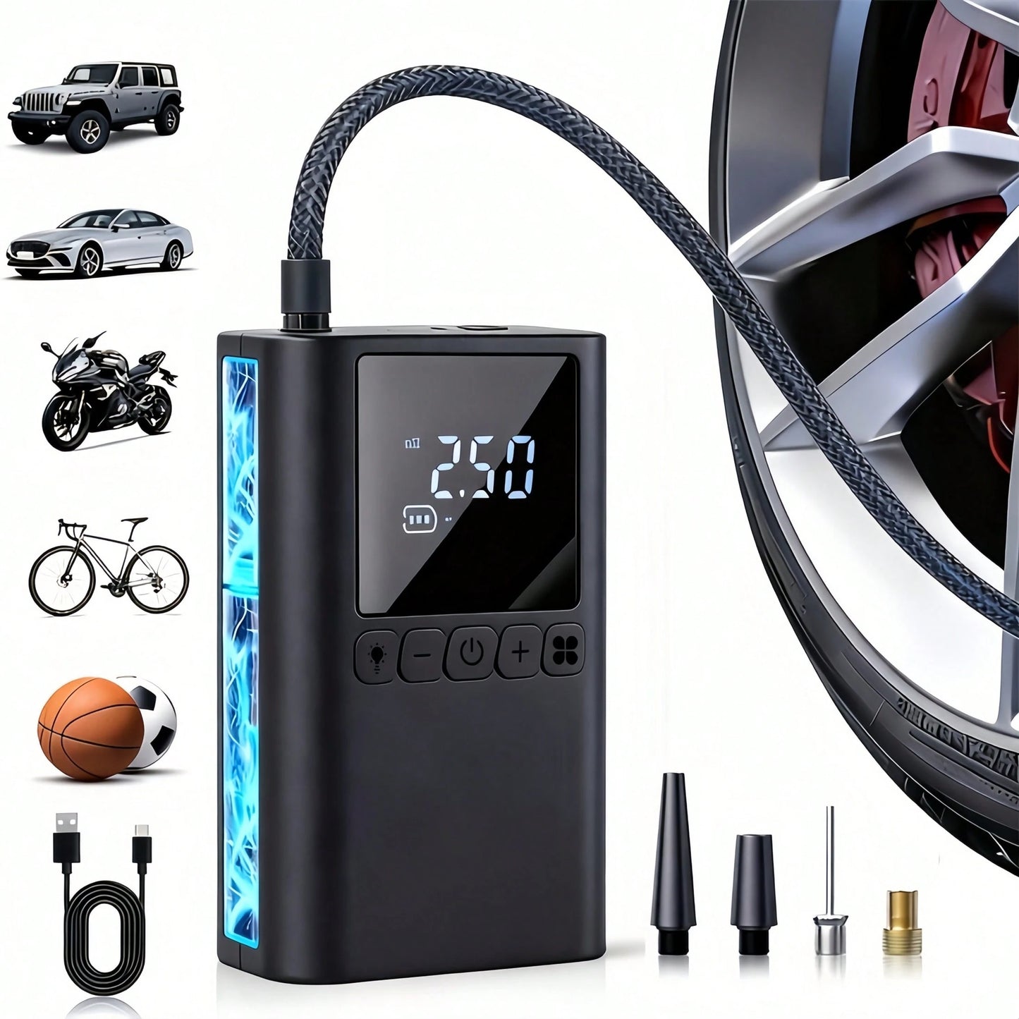 Portable Cordless Electric Air Pump, Accurate Pressure Lcd Display, With Led Lights And Quick Inflate Function, Suitable For Portable Emergency Equipment Such As Bicycles Motorcycle And Car Balls, Gre