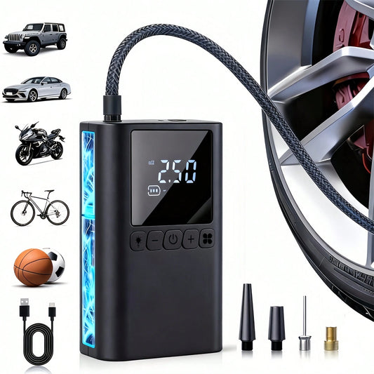 Portable Cordless Electric Air Pump, Accurate Pressure Lcd Display, With Led Lights And Quick Inflate Function, Suitable For Portable Emergency Equipment Such As Bicycles Motorcycle And Car Balls, Gre