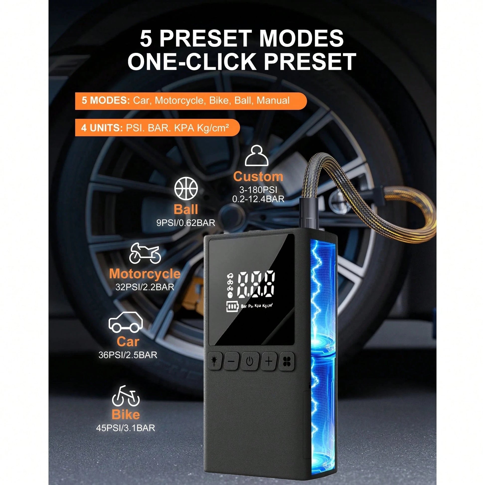 Portable Cordless Electric Air Pump, Accurate Pressure Lcd Display, With Led Lights And Quick Inflate Function, Suitable For Portable Emergency Equipment Such As Bicycles Motorcycle And Car Balls, Gre