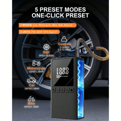 Portable Cordless Electric Air Pump, Accurate Pressure Lcd Display, With Led Lights And Quick Inflate Function, Suitable For Portable Emergency Equipment Such As Bicycles Motorcycle And Car Balls, Gre