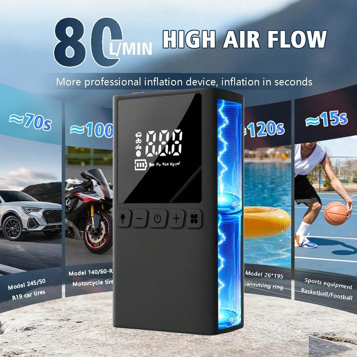 Portable Cordless Electric Air Pump, Accurate Pressure Lcd Display, With Led Lights And Quick Inflate Function, Suitable For Portable Emergency Equipment Such As Bicycles Motorcycle And Car Balls, Gre