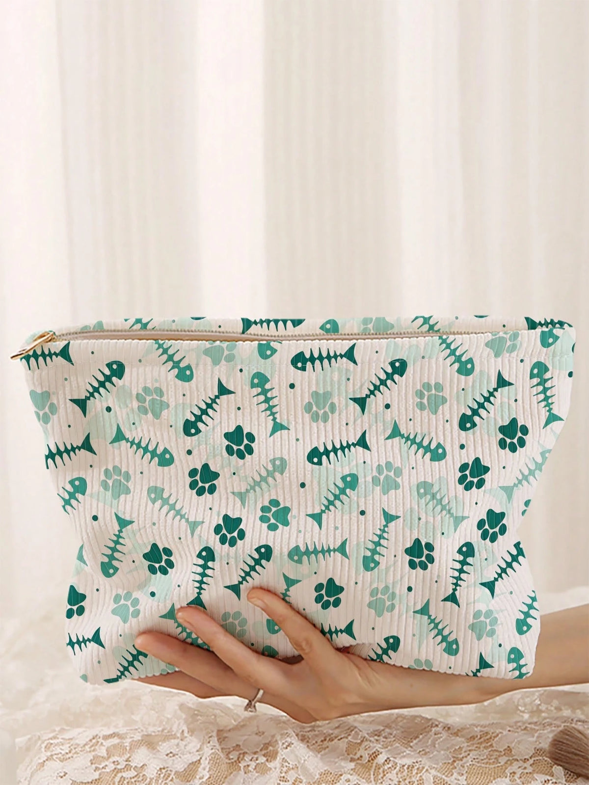 Portable Cosmetic Storage Bag Fish Bone Pattern Double-Sided Print Travel Zipper Makeup Bag Multi-Function Toiletry Organizer