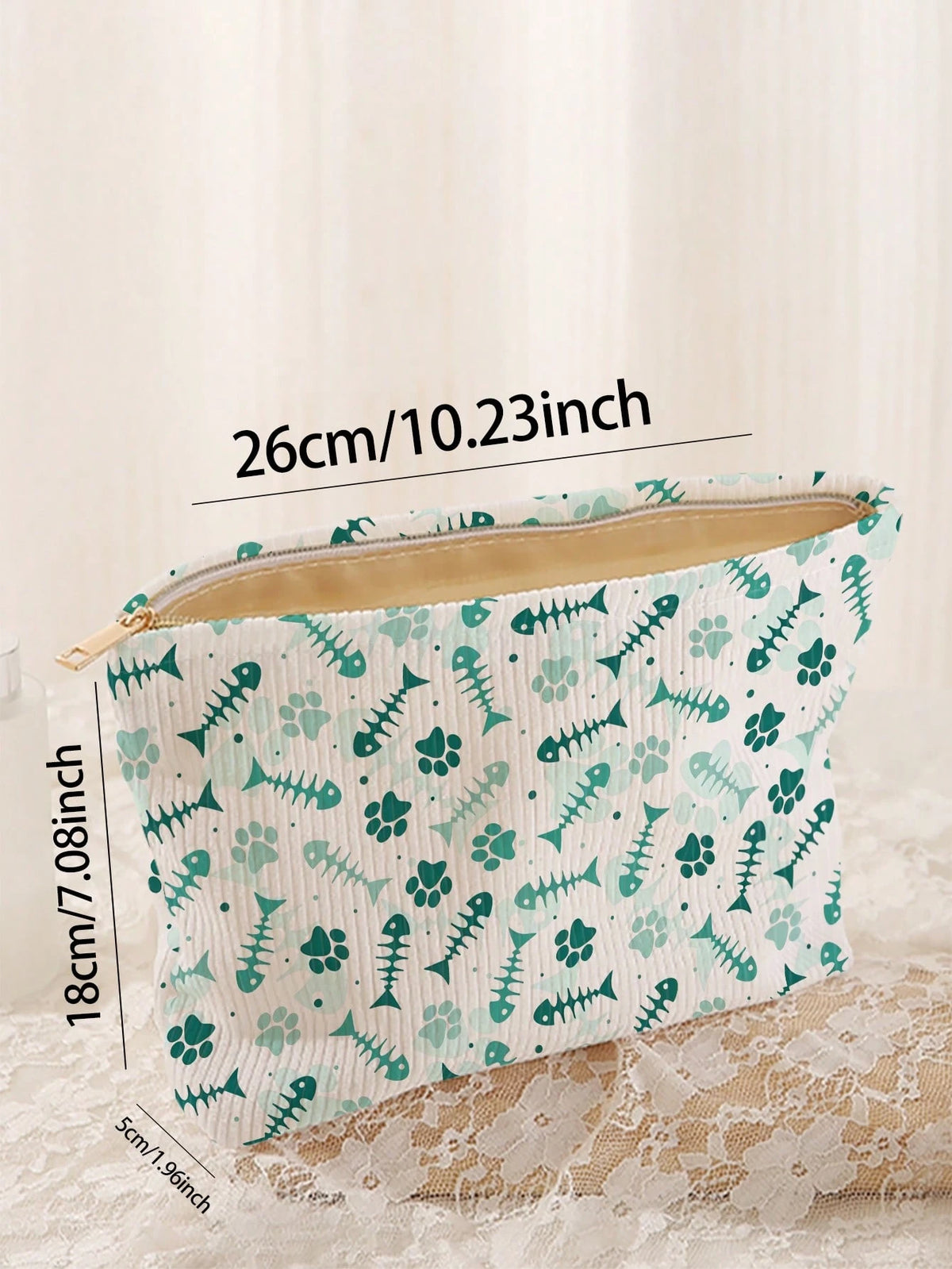 Portable Cosmetic Storage Bag Fish Bone Pattern Double-Sided Print Travel Zipper Makeup Bag Multi-Function Toiletry Organizer