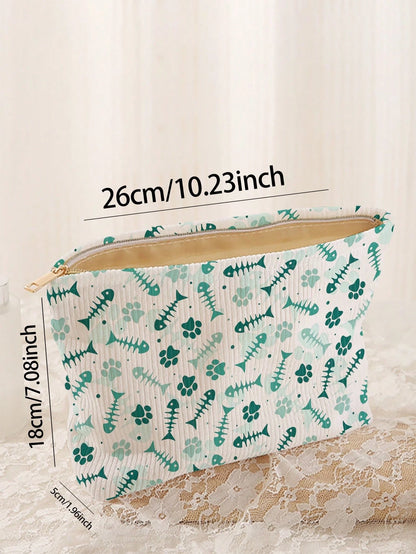 Portable Cosmetic Storage Bag Fish Bone Pattern Double-Sided Print Travel Zipper Makeup Bag Multi-Function Toiletry Organizer