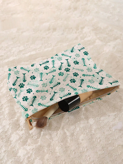 Portable Cosmetic Storage Bag Fish Bone Pattern Double-Sided Print Travel Zipper Makeup Bag Multi-Function Toiletry Organizer