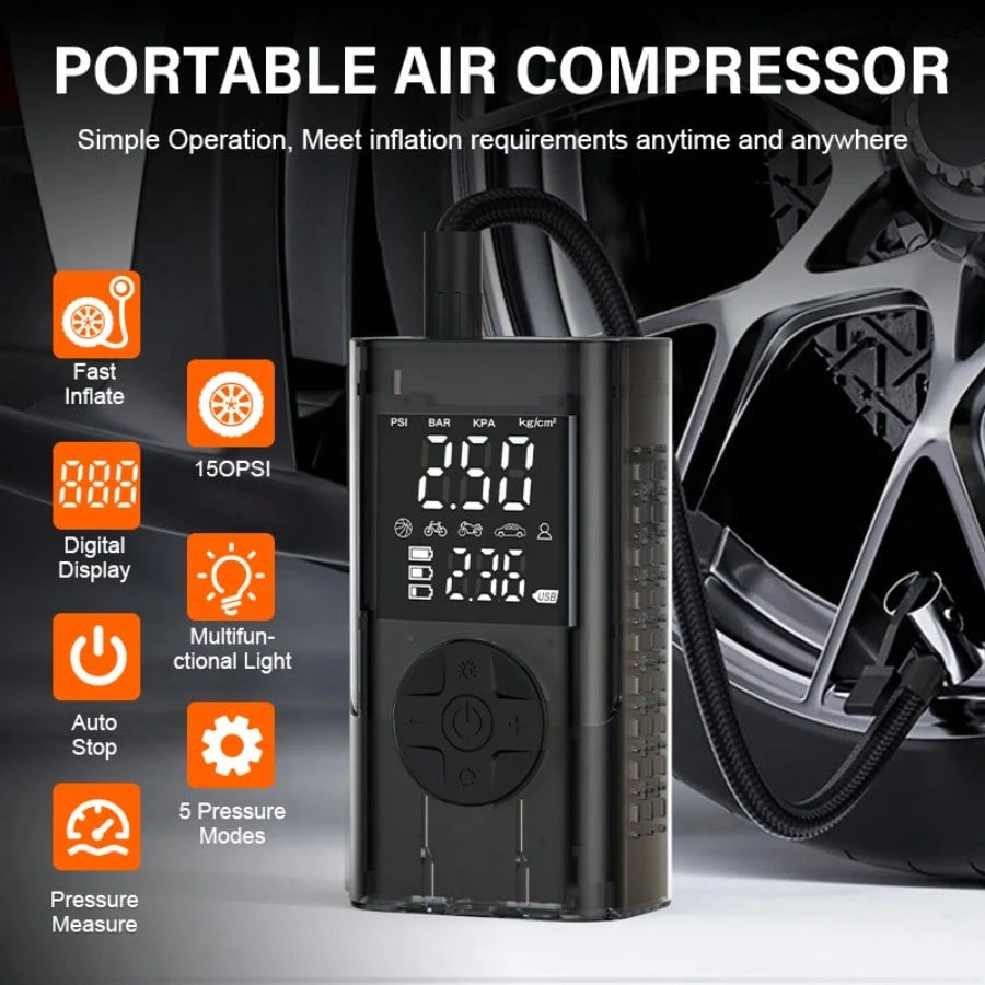 Portable Emergency Starter, 5000A Jump Starter/Optional 10000A All-In-One Unit, 150PSI Air Inflator Pump, Type-C, LED Emergency Lighting, Gasoline Engine Starting- Rechargeable Lithium Polymer Batter.