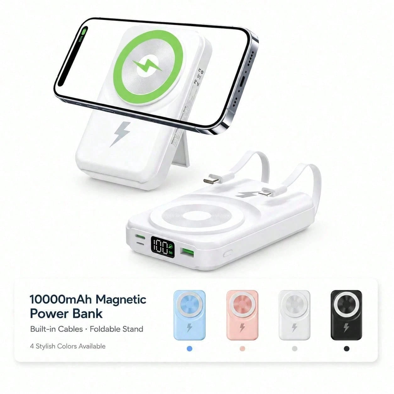 Portable Magnetic Power Pack 10000mAh With Foldable Stand, 15W Wireless Fast Charging 22.5W Wired Charging Built-In Charging Cables, Travel Essentials Camping Essentials College Dorm Essentials Back T