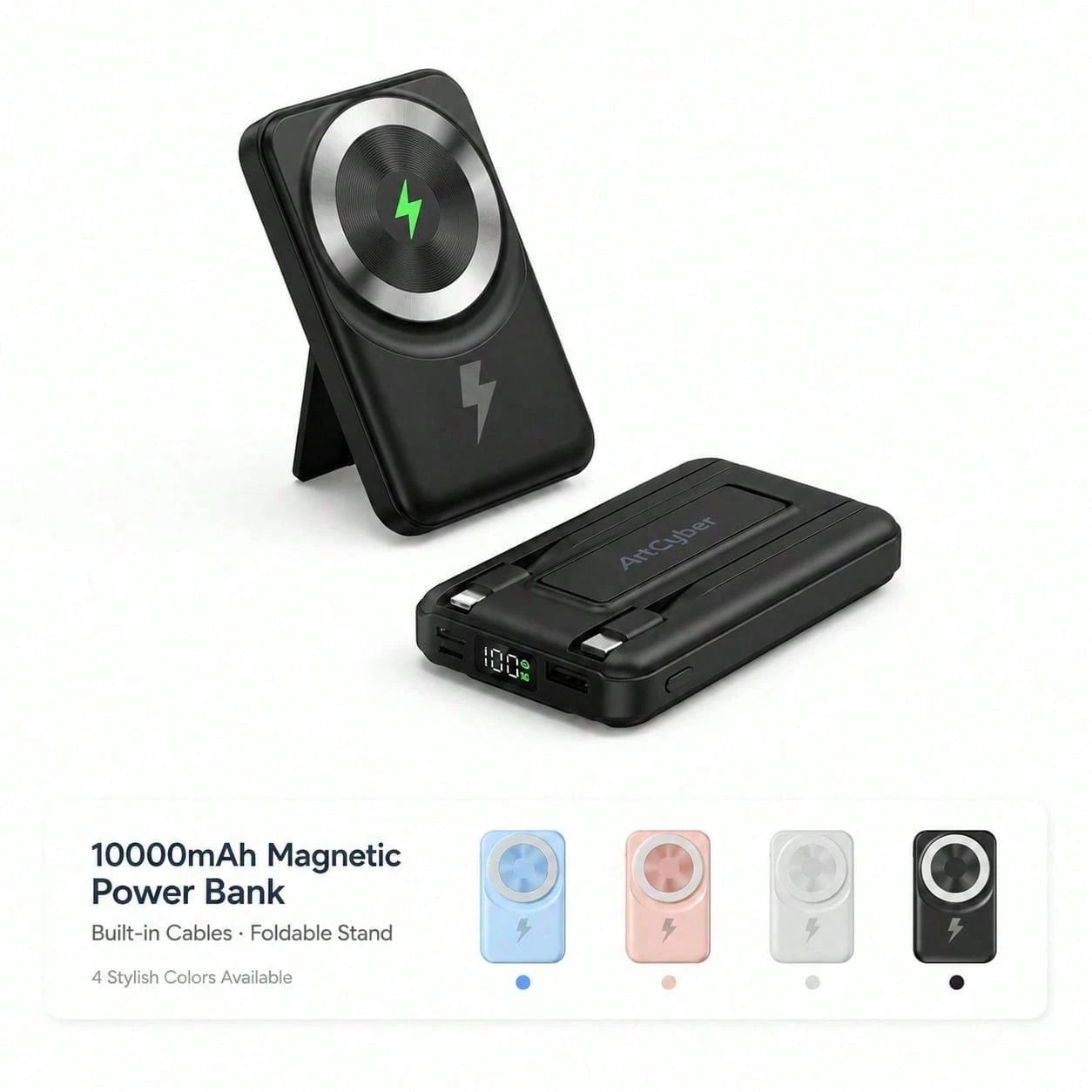 Portable Magnetic Power Pack 10000mAh With Foldable Stand, 15W Wireless Fast Charging 22.5W Wired Charging Built-In Charging Cables, Travel Essentials Camping Essentials College Dorm Essentials Back T