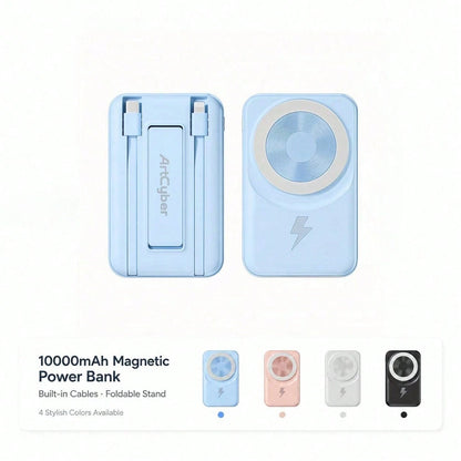 Portable Magnetic Power Pack 10000mAh With Foldable Stand, 15W Wireless Fast Charging 22.5W Wired Charging Built-In Charging Cables, Travel Essentials Camping Essentials College Dorm Essentials Back T