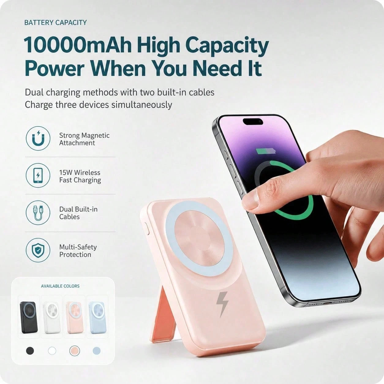 Portable Magnetic Power Pack 10000mAh With Foldable Stand, 15W Wireless Fast Charging 22.5W Wired Charging Built-In Charging Cables, Travel Essentials Camping Essentials College Dorm Essentials Back T