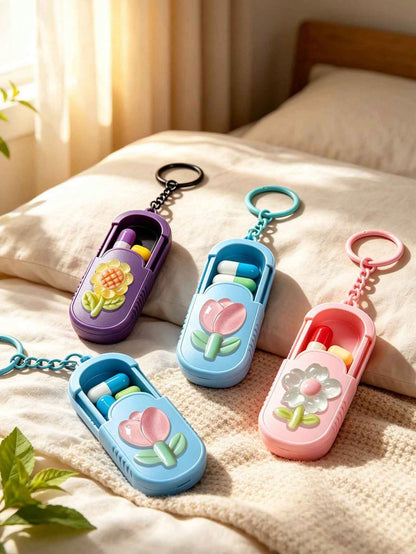 Portable Mini Pill Box With Transparent Resin Flower Sunflower Tulip, Portable Pill Box With Keychain, Office Worker Pill Vitamin Storage Box, Handmade Mini Pill Box, Travel Medicine Storage Box, Dail