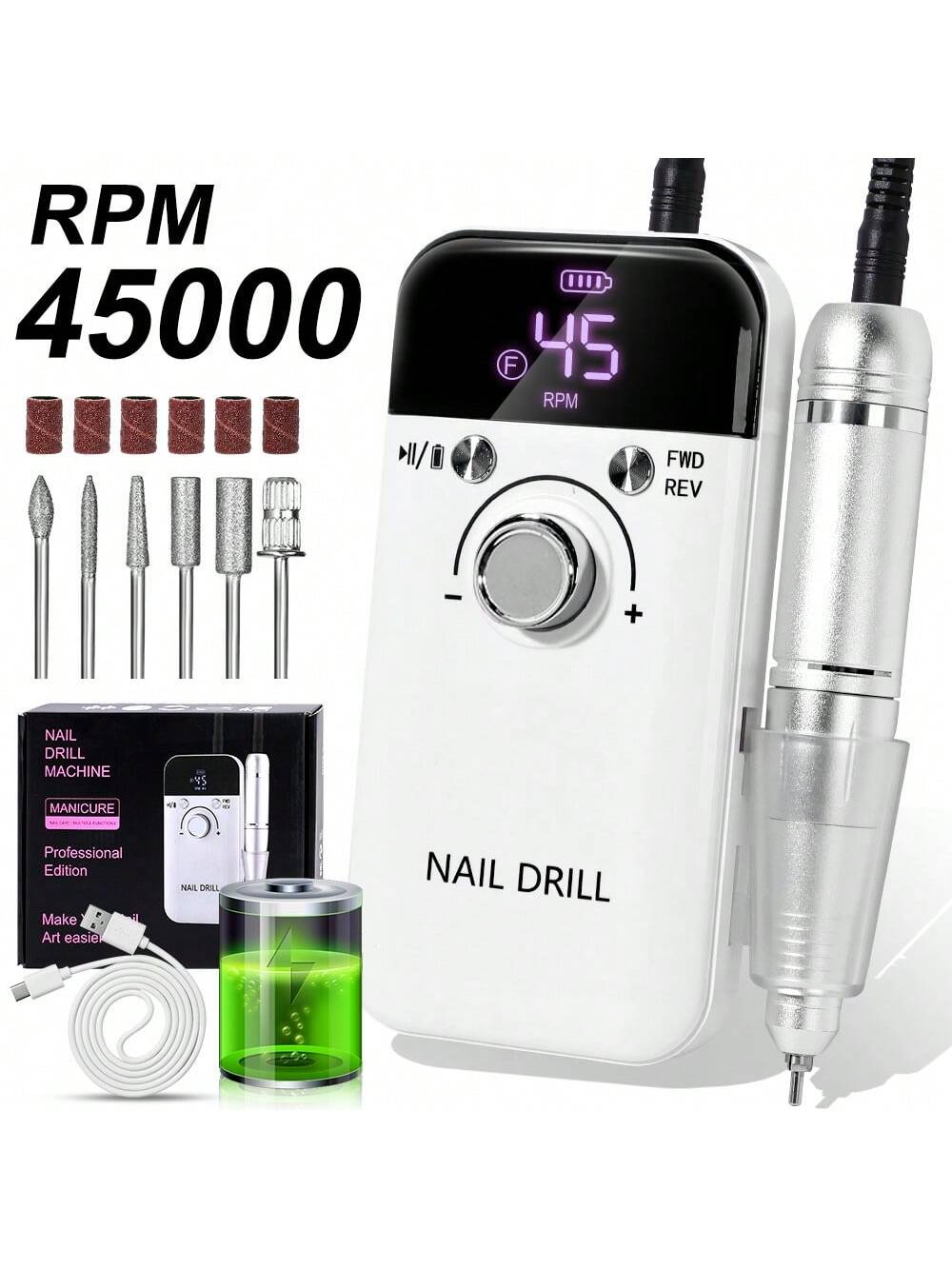 Professional 45,000RPM Electric Nail Drill- Portable, Rechargeable, Low Noise, Suitable For Manicure And Pedicure- USB Powered, Lithium Battery, Gift For Valentine's Day