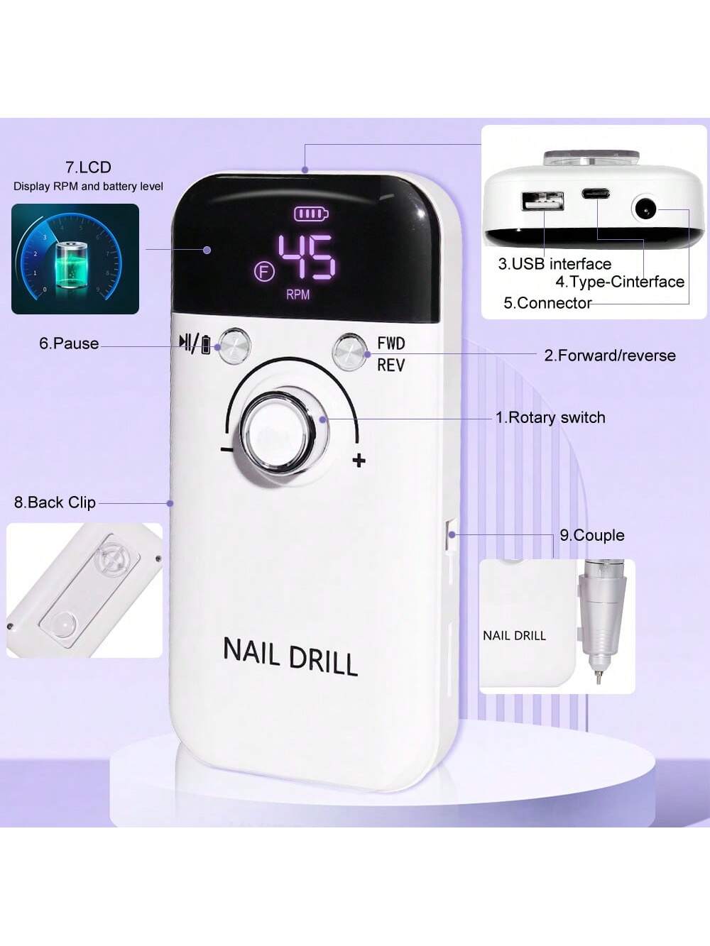 Professional 45,000RPM Electric Nail Drill- Portable, Rechargeable, Low Noise, Suitable For Manicure And Pedicure- USB Powered, Lithium Battery, Gift For Valentine's Day