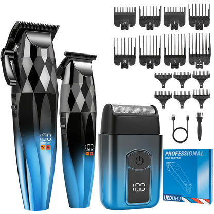 Professional Hair Clippers Set For Men, 3 In 1 Hair Cutting Kit With Large Clipper, T-Blade Trimmer & Foil Shaver, Ceramic Sharp Blade, LED Digital Display, Type-C Rechargeable Barber Grooming Kit Wi