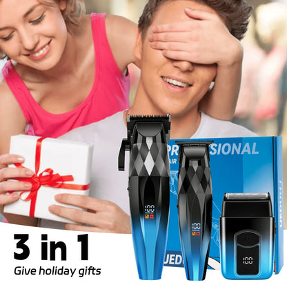 Professional Hair Clippers Set For Men, 3 In 1 Hair Cutting Kit With Large Clipper, T-Blade Trimmer & Foil Shaver, Ceramic Sharp Blade, LED Digital Display, Type-C Rechargeable Barber Grooming Kit Wi