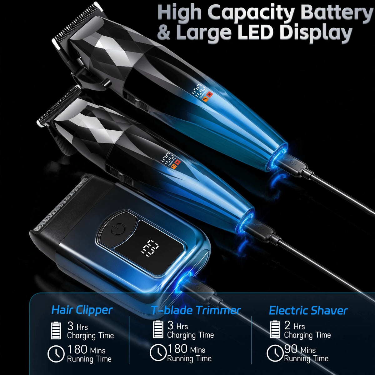 Professional Hair Clippers Set For Men, 3 In 1 Hair Cutting Kit With Large Clipper, T-Blade Trimmer & Foil Shaver, Ceramic Sharp Blade, LED Digital Display, Type-C Rechargeable Barber Grooming Kit Wi