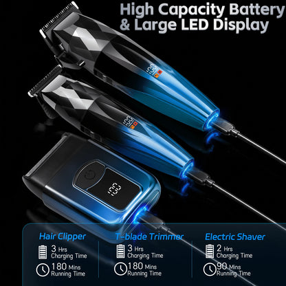 Professional Hair Clippers Set For Men, 3 In 1 Hair Cutting Kit With Large Clipper, T-Blade Trimmer & Foil Shaver, Ceramic Sharp Blade, LED Digital Display, Type-C Rechargeable Barber Grooming Kit Wi