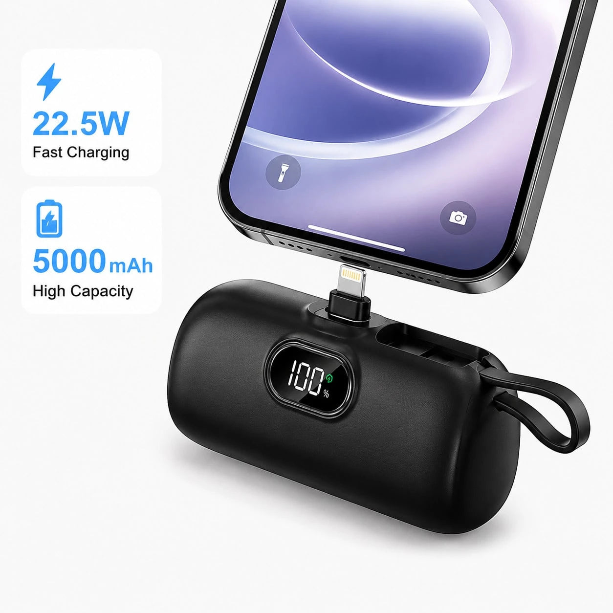 Purse-Friendly Pink 5000mAh Mini Charger With Lightning Plug, USB-C Cable And 22.5W Fast Charging, Featuring An LED Power Screen, Smooth Capsule Shape And Attached Lanyard For Grab-And-Go Use, Made Fo