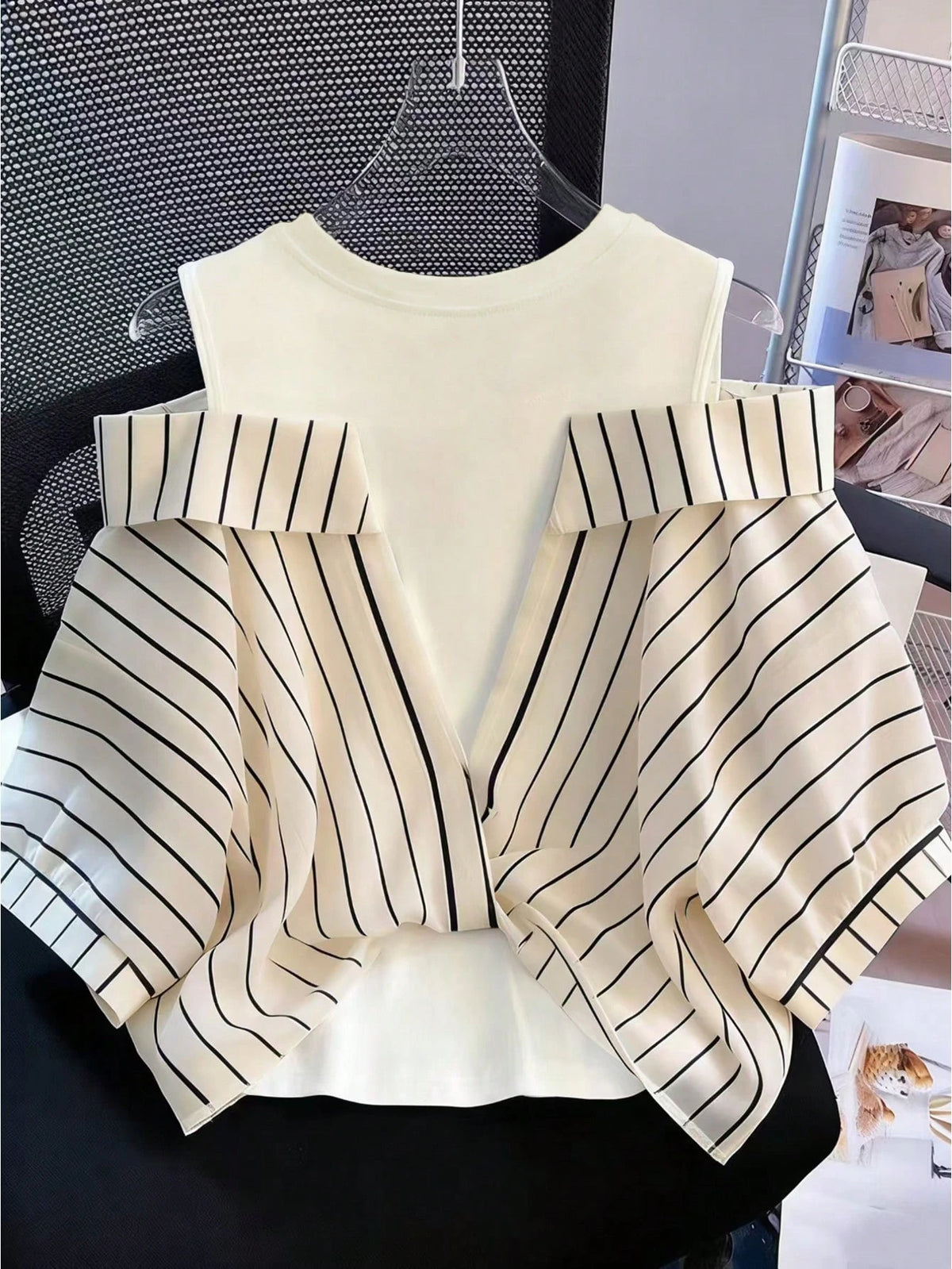 Qadelle Cold Shoulder Contrast Striped 2 In 1 Blouse Vacation Everyday Black And White Summer Elegant
