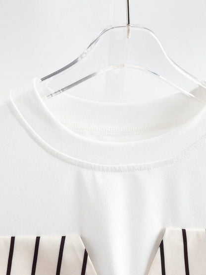 Qadelle Cold Shoulder Contrast Striped 2 In 1 Blouse Vacation Everyday Black And White Summer Elegant