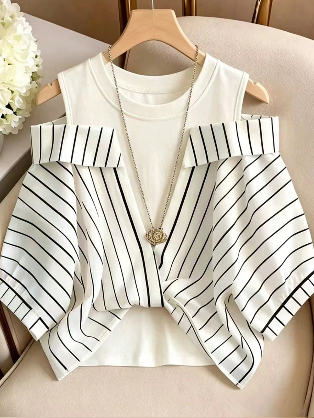 Qadelle Cold Shoulder Contrast Striped 2 In 1 Blouse Vacation Everyday Black And White Summer Elegant
