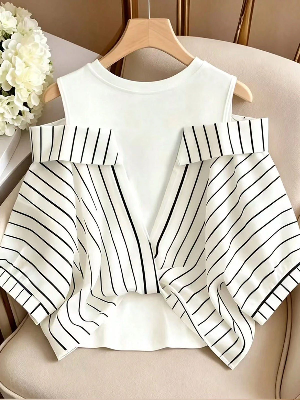Qadelle Cold Shoulder Contrast Striped 2 In 1 Blouse Vacation Everyday Black And White Summer Elegant