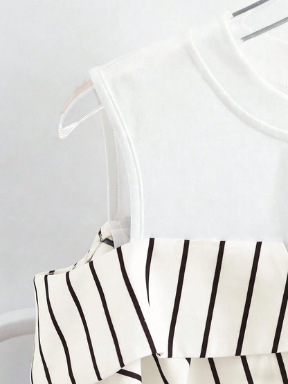 Qadelle Cold Shoulder Contrast Striped 2 In 1 Blouse Vacation Everyday Black And White Summer Elegant