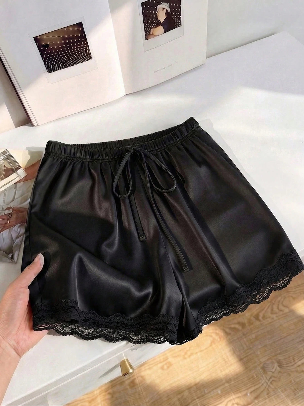 Qadelle Women's Black Lace Patchwork Elastic Waist Shorts,Seductive Satin Night Sleep Shorts For Summer,Elegant Loungewear Casual Outings Festival Outfits