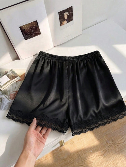 Qadelle Women's Black Lace Patchwork Elastic Waist Shorts,Seductive Satin Night Sleep Shorts For Summer,Elegant Loungewear Casual Outings Festival Outfits
